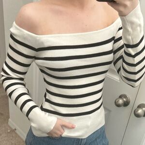Off-Shoulder Sweater - Black and White Stripes